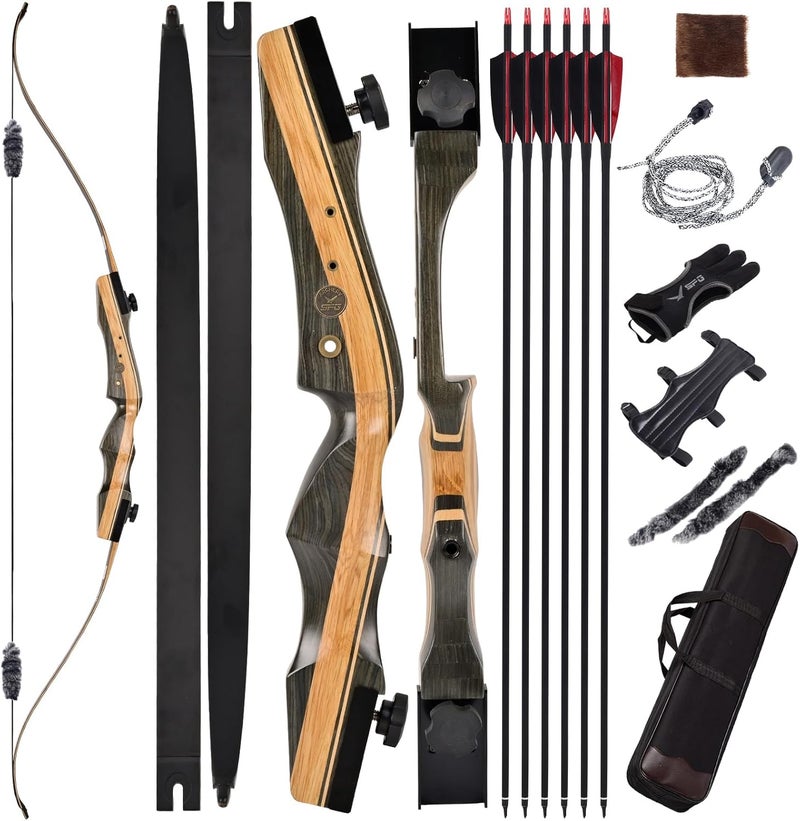 SP.G Archery Wooden Bow and Arrow Set for Adults, Fast Installation 62'' Hunting Bow Arrow Archery Set, 30-50 Lbs Right Handed Takedown Recurve Bows Hunting Kit Package - Image 1